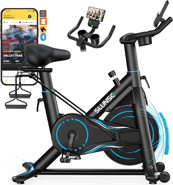 Read more about the article 2025 Neu SLUNSE Heimtrainer Fahrrad mit App, Einstellbarer Magnetischer Widerstand Hometrainer Fahrrad, Leise & Bequem Ergometer Heimtrainer mit Hantelablage, LCD-Display, Tablet-Halterung, Bis 180KG