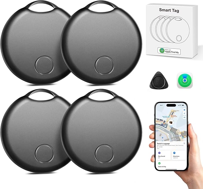 Read more about the article Smart Air Tracker Tag Schlüsselfinder 4er Pack, Key Finder Kompatibel mit Apple Wo ist? App (nur iOS), Bluetooth Tracker für Gepäck, Taschen, Koffer, Austauschbare Batterien, IP67 Wasserdicht, Schwarz