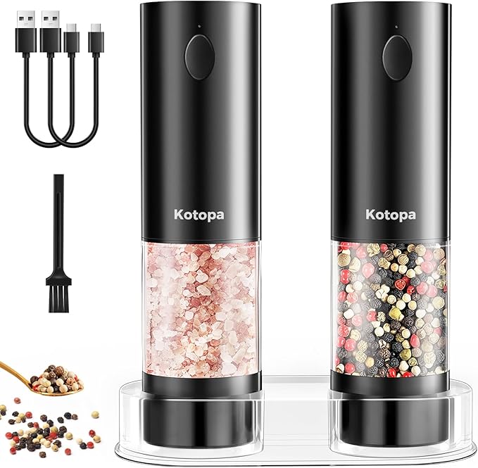 Read more about the article Kotopa Electric Salt and Pepper Mill, Rechargeable Pepper Mill with 5 Levels Adjustable Ceramic Grinder, Base, LED Light, 100 ml Large Pepper Shakers, Set of 2 (Black)
