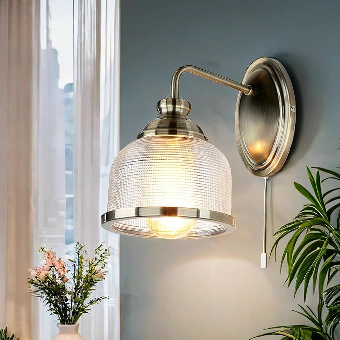 Read more about the article Wall Light with Switch in Brass Antique Clear Glass Metal Art Nouveau Height: 24.5 cm E27 Wall Lamp Kitchen Bathroom Lamp Wall