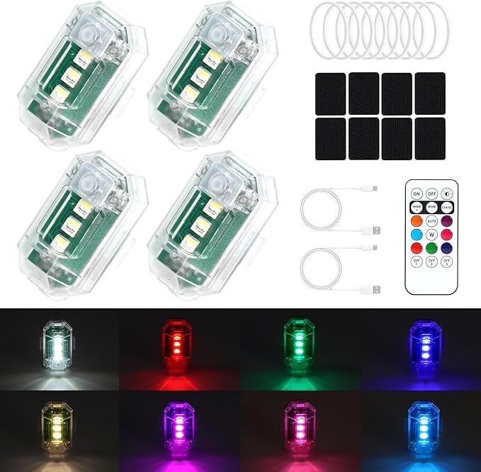 Read more about the article Pack of 4 Strobe Drone Light, Wireless Car LED Flash Lights with Remote Control, 8 Colours High Bright LED Aircraft Flash Light and USB Charging, Drone Anti-Collision Lights for Car, Motorcycle,