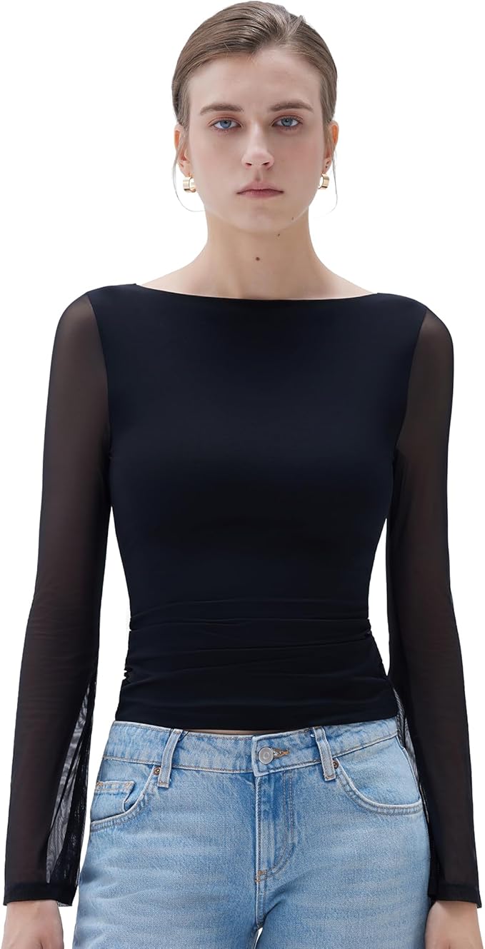 Read more about the article Double Line Mesh Tops Boat Neck Long Sleeve Shirts