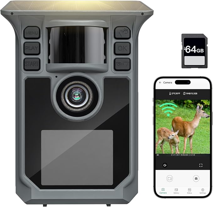 Read more about the article Hrivcam 4K 64MP Wildkamera mit Handyübertragung APP, Solar WLAN Bluetooth Eingebaute 5000mAh, 64GB Speicherkarte, Wildkamera mit Bewegungsmelder Nachtsicht, IP67 Wasserdicht 130°Weitwinkel
