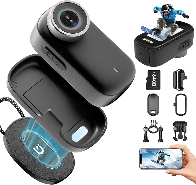 Read more about the article Nisanuki Action Cam 4K WiFi, Körperkamera Mini Bodycam 64GB, 150° Kleine Motorrad Sportkamera Helmkamera mit Display Bildschirm, Actionkameras Vlog Video Kamera mit Multifunctional Accessories