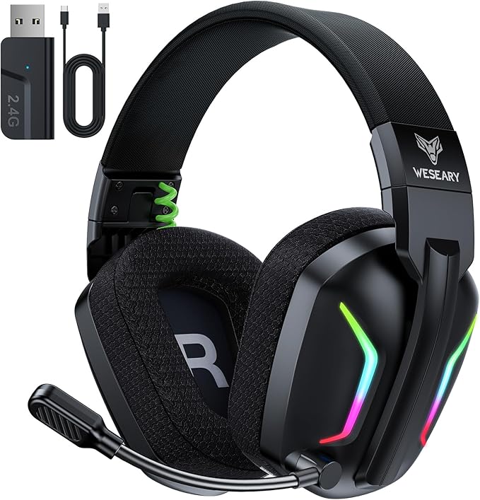 Read more about the article WESEARY WG1 Bluetooth Headset, 2.4G Gaming Headset Wireless with Microphone for PS5, PS4, PC, Mac, Foldable Surround Sound Noise Cancelling Headphones with LED Light, Over 50 Hours Battery Life