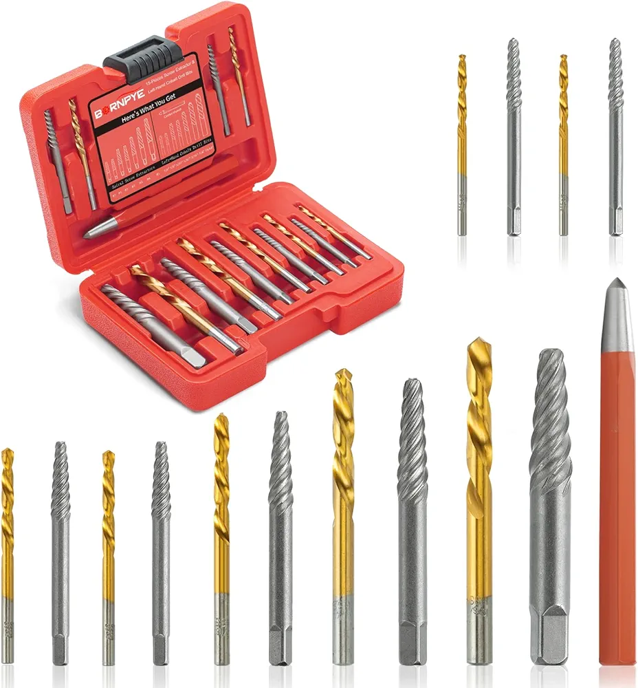 Read more about the article 15 Pieces Screw Extractor Kit, 37# Cr-Mo & 6542 Hss Steel Cobalt Left Hand Drill Bits Set for Removing Broken Bolt and Rounded Nut, Ez Out Stripped