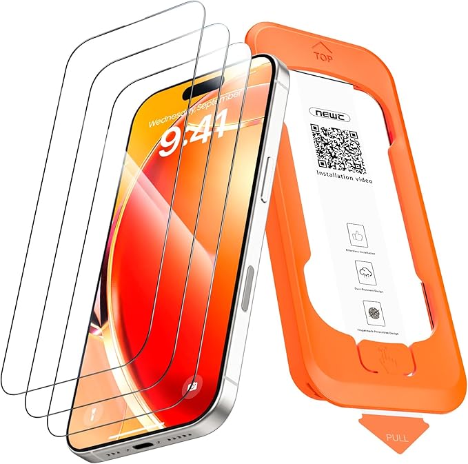 Read more about the article NEW’C Pack of 3 Full Screen for iPhone 17, iPhone 16 Pro Tempered Glass (6.3 Inches), Protective Glass [Car Installation], Free from Scratches, 9H Hardness, Screen Protector, Ultra Resistant Film