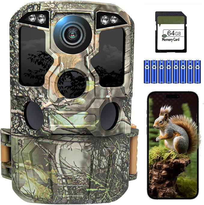 Read more about the article KJK Wildlife Camera with Mobile Phone Transmission App, 4K 84MP HD WLAN Bluetooth Wildlife Camera with Motion Sensor Night Vision, 64GB SD Card and 8 x AA Batteries, 130° Wide Angle Wildlife Camera
