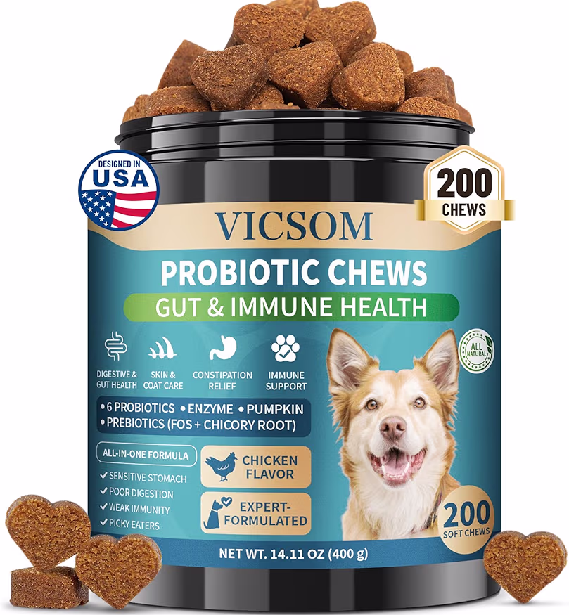 Read more about the article VICSOM Probiotics for Dogs, 200 Pcs Dog Probiotic Chews for Dogs, Dog Probiotics for Gut Health & Skin Comfort- Dog Probiotic Supplements, Digestive Care for All Dog, Chicken Flavor