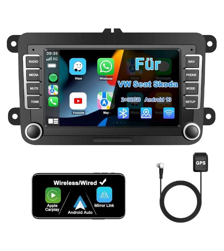 Read more about the article Jimtour Car Radio with Screen Bluetooth for VW Polo Golf 5 6 T5 Passat Caddy Seat Skoda, 2DIN Car Radio 7 Inch Touch Display Android 13, with DAB Navi WLAN Carplay Android Car Steering Wheel Ctrl