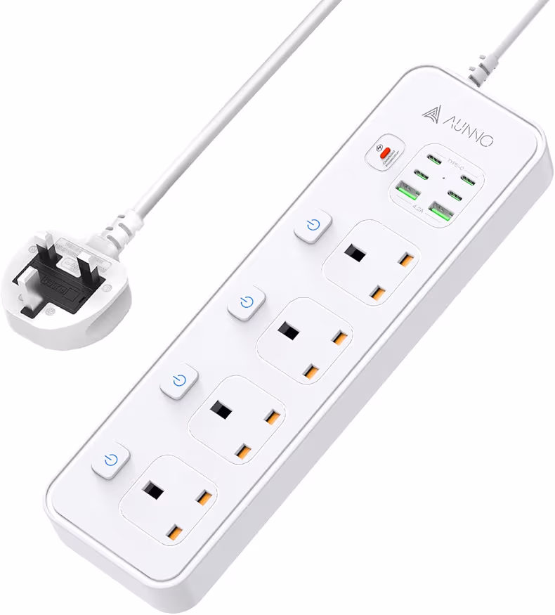 Read more about the article AUNNO Extension Lead with USB Slots, 4 Way Sockets Outlets with 4 USB-C Ports and 2 USB Ports, 1.8M Extension Cable with Switch Surge Protected Power Strips, UK Multi Plug Adapter Electrical Cords