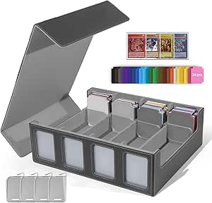 Read more about the article Trading Card Storage Box for 3000+ Cards, Card Storage Box with 24 Colourful Dividers and 4 Adjustable Card Dividers, Magnetic MTG Deck Boxes for PTCG TCG, Black Grey