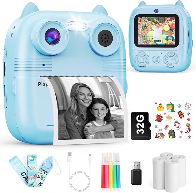 Read more about the article Instant Camera Children, 1080P HD 4800W Dual Camera Lenses Children’s Camera with 4 Printing Paper 2.4 Inch Eye Protection Screen 32GB Card Instant Camera (Blue)