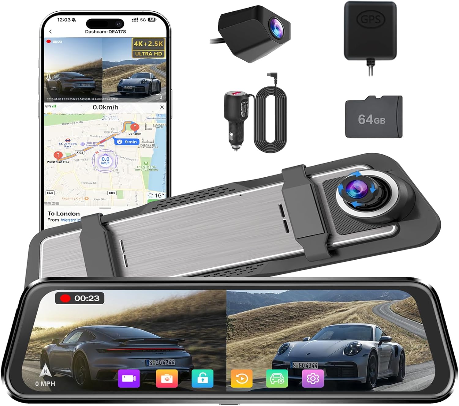 Read more about the article 4K + 2.5K Mirror Dash Cam Front and Rear
