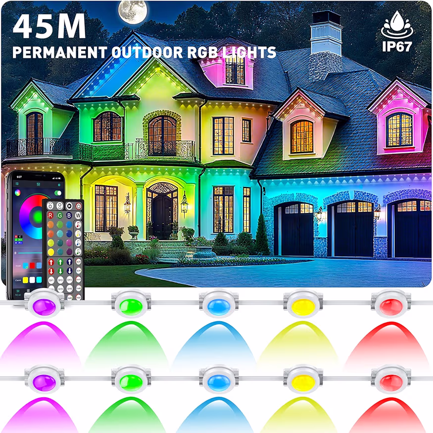 Read more about the article 45m Permanent Outdoor Lights,RGB Eaves Light with App Control Remote,DIY Scene Modes IP67 Waterproof Under Eave Lighting,Outdoor Lights for Decor,Garden Decor,House,Party,Holiday