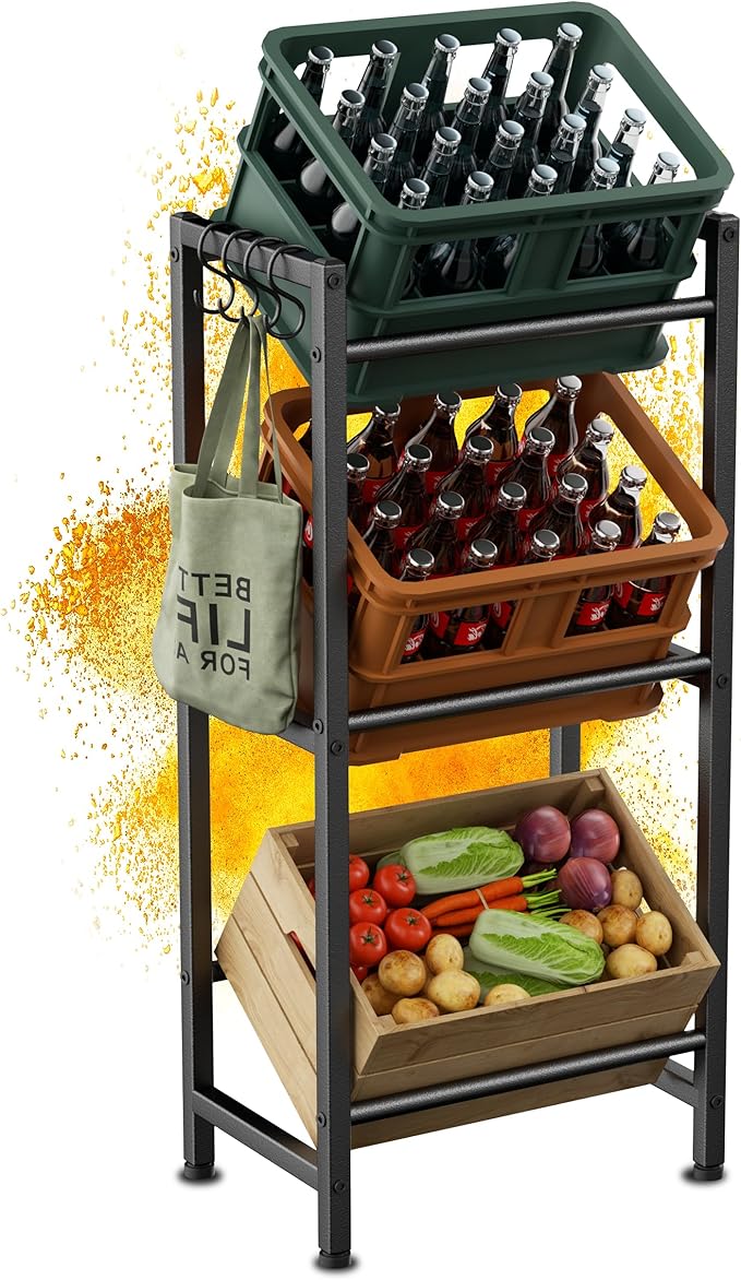 Read more about the article HFHOME Compact Drinks Shelf for 3 Drink Crates, Metal Drinks Crate Shelf with 4 Hooks for Kitchen, Basement, Garage, Sturdy Box Shelf for Beer, Fruit, Vegetables, Water, Load Capacity 150 kg/Layer