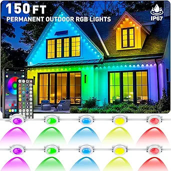 Read more about the article 150FT Permanent Outdoor RGB Lights – Waterproof Smart LED Eaves Lights with App/Remote Control, Music Sync & DIY Scenes, Perfect for Christmas